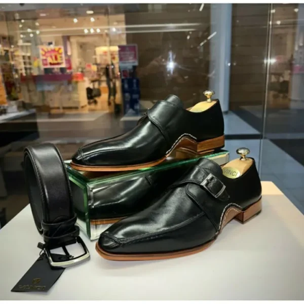 New Vinci Leather Shoes Vinci Leather The Hagrid Single Monk Strap Handmade Shoe (X-6827 V-02) Black