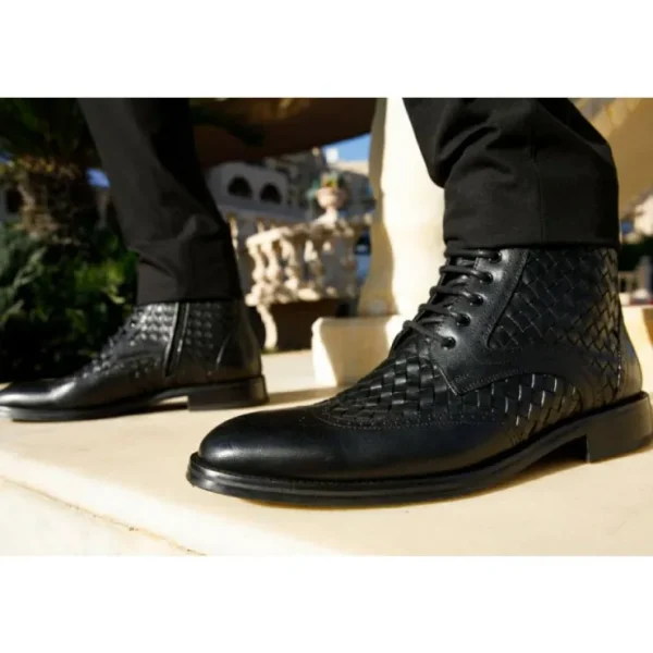 Store Vinci Leather Shoes Vinci Leather The Loddon Black Leather Wingtip Brogue Handwoven Lace-up Boot With A Zipper (14553)