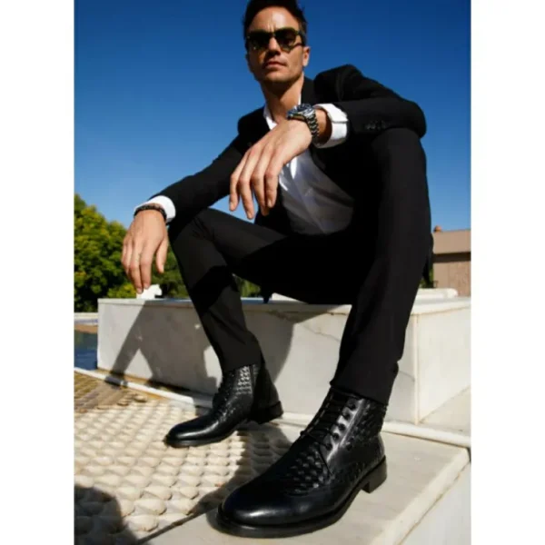 Store Vinci Leather Shoes Vinci Leather The Loddon Black Leather Wingtip Brogue Handwoven Lace-up Boot With A Zipper (14553)