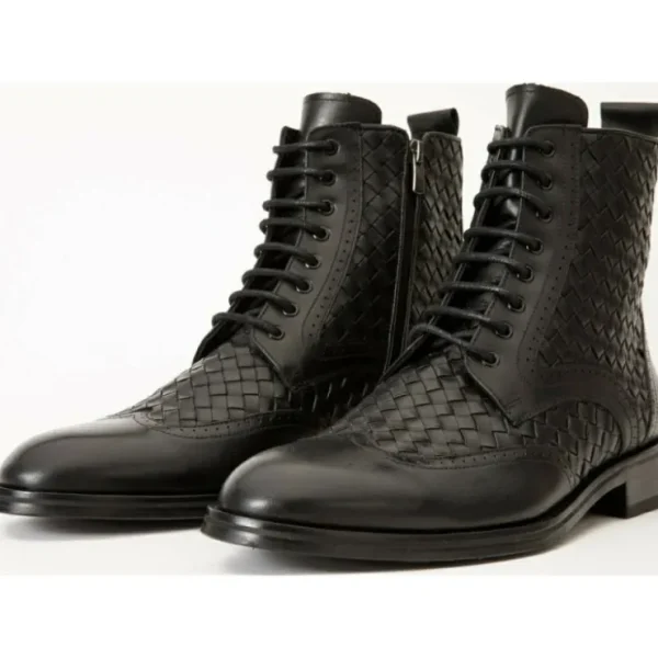 Store Vinci Leather Shoes Vinci Leather The Loddon Black Leather Wingtip Brogue Handwoven Lace-up Boot With A Zipper (14553)