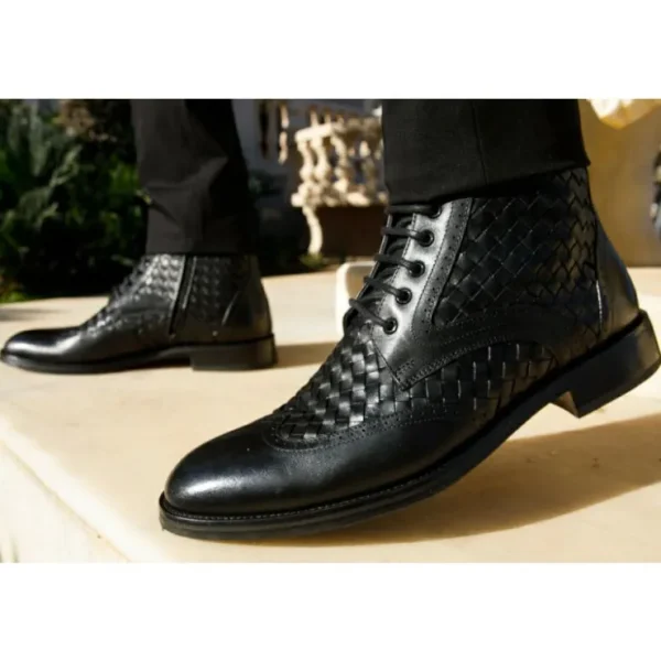 Store Vinci Leather Shoes Vinci Leather The Loddon Black Leather Wingtip Brogue Handwoven Lace-up Boot With A Zipper (14553)