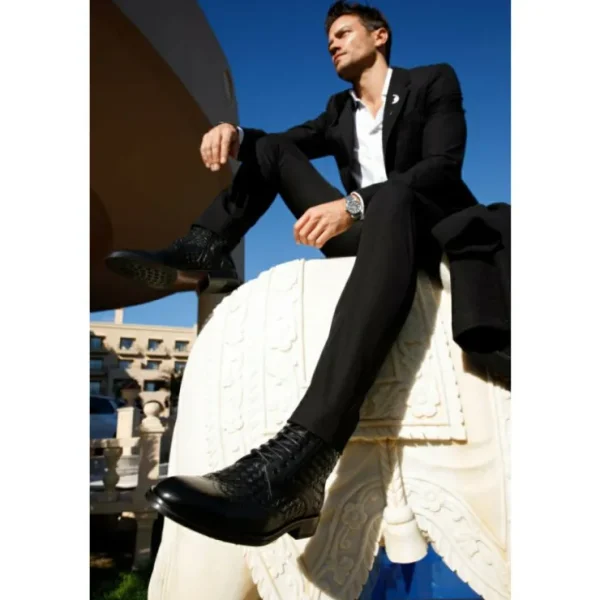 Store Vinci Leather Shoes Vinci Leather The Loddon Black Leather Wingtip Brogue Handwoven Lace-up Boot With A Zipper (14553)