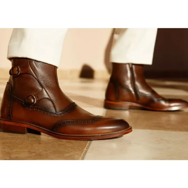 vinci_leather_the_rand_br_1.webp New Vinci Leather Shoes Vinci Leather The Rand Leather Double Buckle Brogue Boot With A Zipper (14560 T-2) Brown