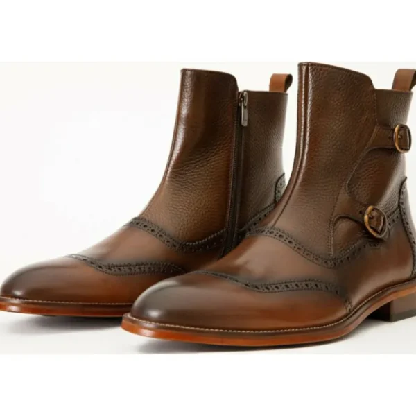 vinci_leather_the_rand_br_2.webp New Vinci Leather Shoes Vinci Leather The Rand Leather Double Buckle Brogue Boot With A Zipper (14560 T-2) Brown