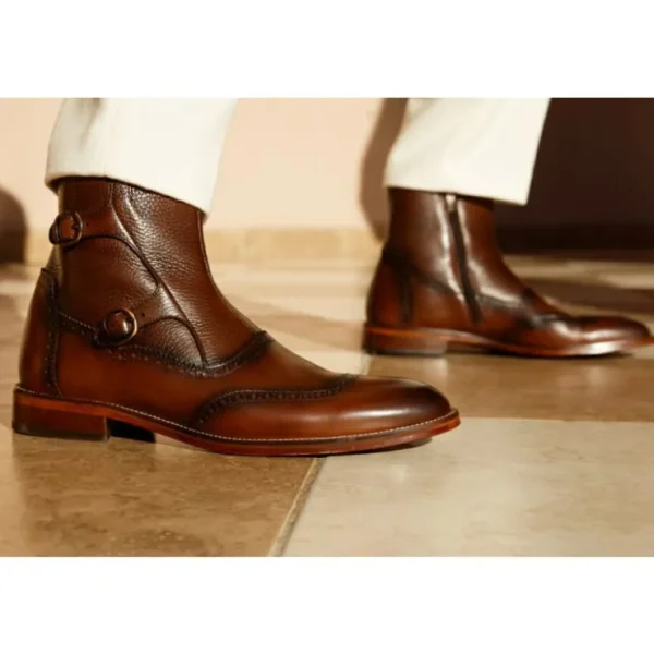 vinci_leather_the_rand_br_6.webp New Vinci Leather Shoes Vinci Leather The Rand Leather Double Buckle Brogue Boot With A Zipper (14560 T-2) Brown