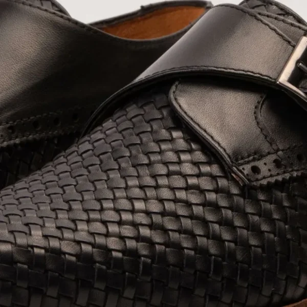 vinci_leather_the_rolls_w_1-1.webp Sale Vinci Leather Shoes Vinci Leather The Rolls Woven Single Monk Strap Dress Shoe Black