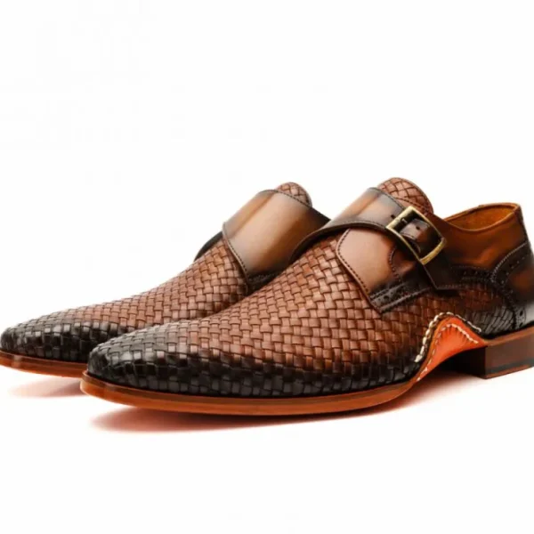vinci_leather_the_rolls_w_1.webp New Vinci Leather Shoes Vinci Leather The Rolls Woven Single Monk Strap Dress Shoe Tan