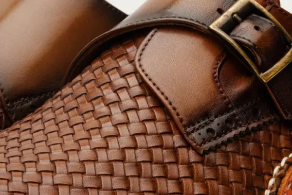 vinci_leather_the_rolls_w_2.webp New Vinci Leather Shoes Vinci Leather The Rolls Woven Single Monk Strap Dress Shoe Tan