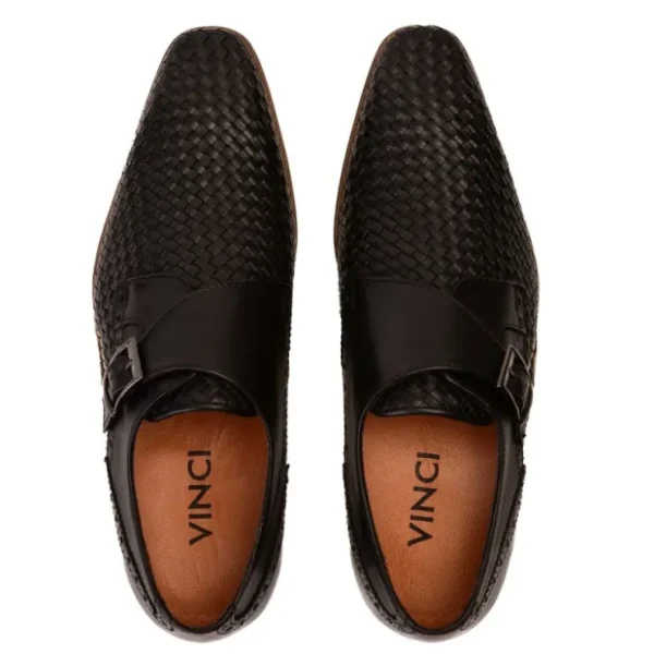 vinci_leather_the_rolls_w_3-1.webp Sale Vinci Leather Shoes Vinci Leather The Rolls Woven Single Monk Strap Dress Shoe Black