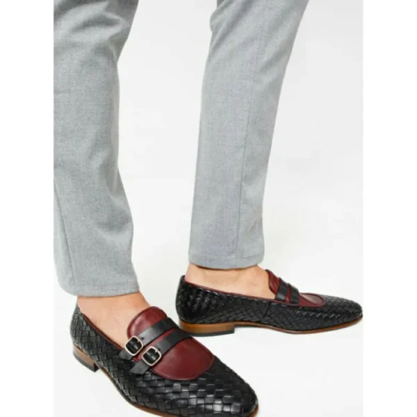 Online Vinci Leather Shoes Vinci Leather The Vatra Woven Double Monk Strap Shoe Black