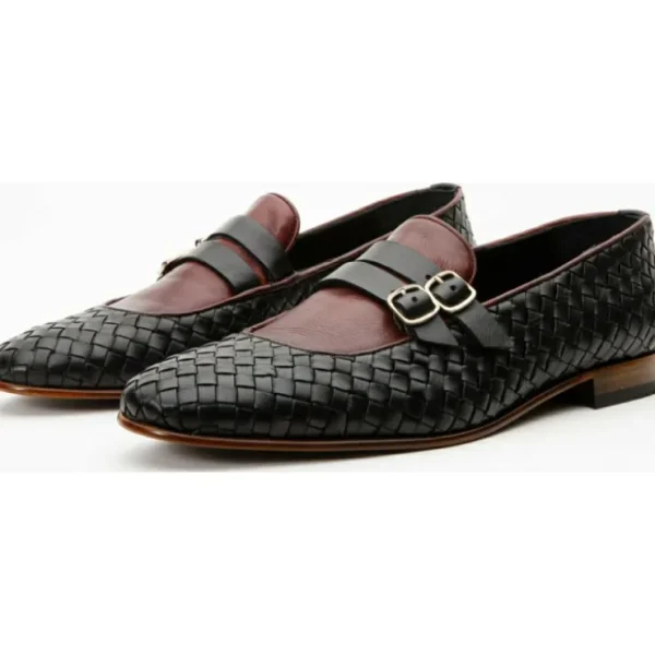 Online Vinci Leather Shoes Vinci Leather The Vatra Woven Double Monk Strap Shoe Black