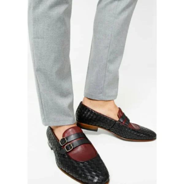 Online Vinci Leather Shoes Vinci Leather The Vatra Woven Double Monk Strap Shoe Black