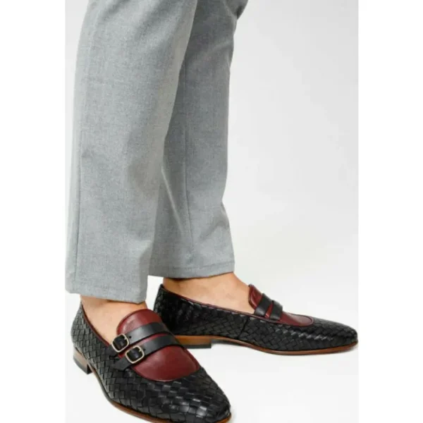 Online Vinci Leather Shoes Vinci Leather The Vatra Woven Double Monk Strap Shoe Black