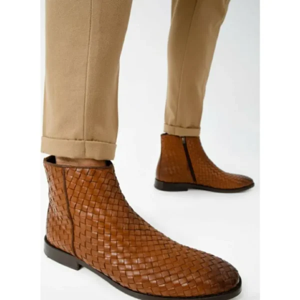 Store Vinci Leather Shoes Vinci Leather The Wellington Handwoven Leather Boot With A Zipper (12721 T-5) Brown