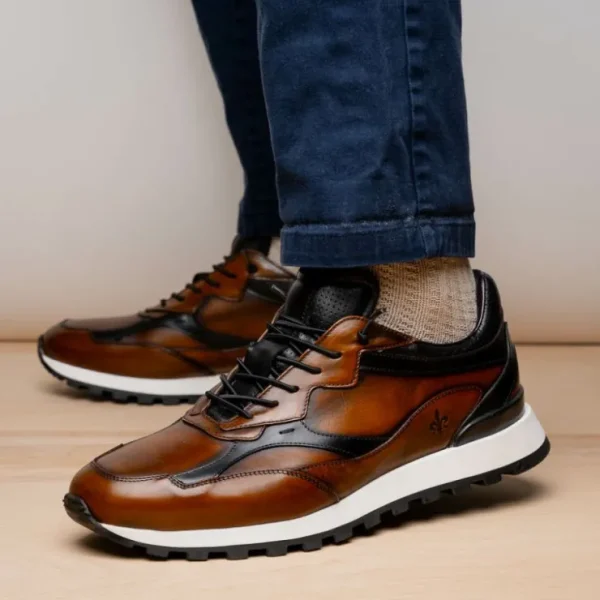 Shop Zelli Bravo Hand Finished Trainer Sneaker Cognac / Black (65-355-BRN)