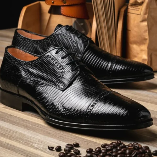 Store Zelli Giovanni Lizard Cap Toe Brogues (24-526-BLK) Black