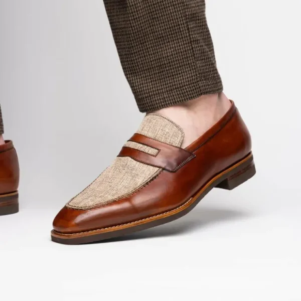 zelli_lago_italian_calfsk_10.webp Online Zelli Lago Italian Calfskin & Linen Penny Loafers (15-733-CGN) Cognac