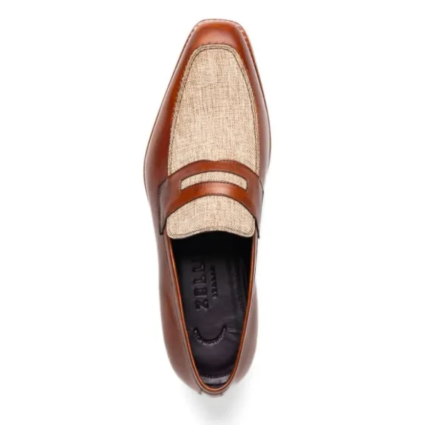 zelli_lago_italian_calfsk_3.webp Online Zelli Lago Italian Calfskin & Linen Penny Loafers (15-733-CGN) Cognac