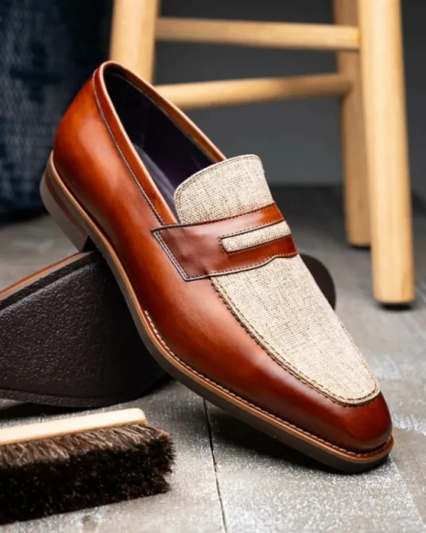zelli_lago_italian_calfsk_5.webp Online Zelli Lago Italian Calfskin & Linen Penny Loafers (15-733-CGN) Cognac