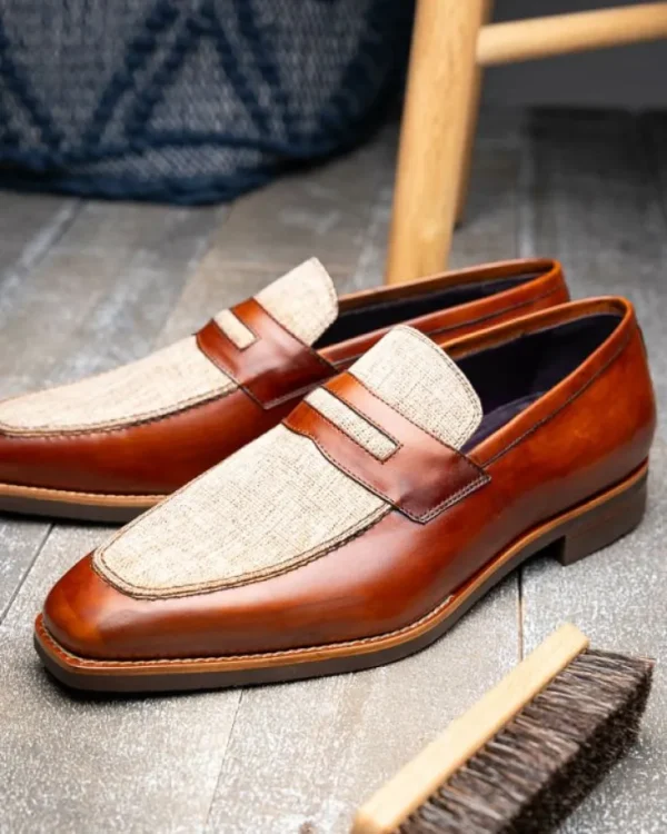 zelli_lago_italian_calfsk_7.webp Online Zelli Lago Italian Calfskin & Linen Penny Loafers (15-733-CGN) Cognac
