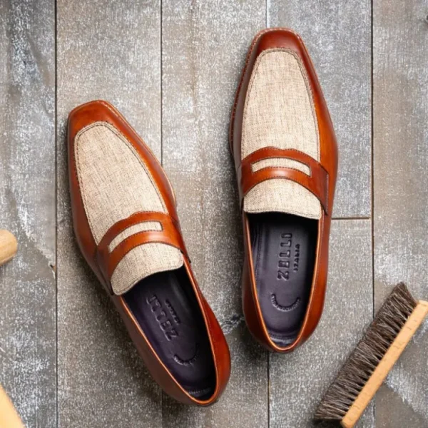 zelli_lago_italian_calfsk_8.webp Online Zelli Lago Italian Calfskin & Linen Penny Loafers (15-733-CGN) Cognac