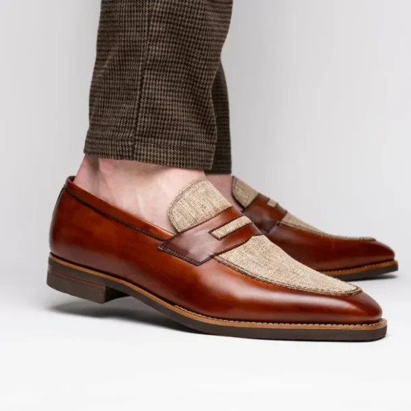 zelli_lago_italian_calfsk_9.webp Online Zelli Lago Italian Calfskin & Linen Penny Loafers (15-733-CGN) Cognac