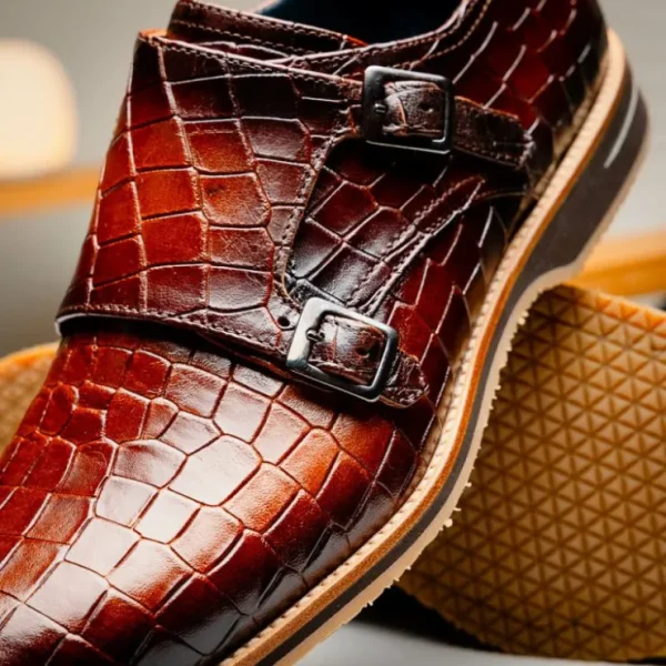 Sale Zelli Legerra Hand Burnished Crocodile Print Monk Strap (55-112-CGN) Cognac