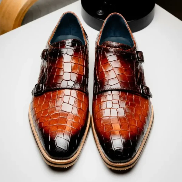 Sale Zelli Legerra Hand Burnished Crocodile Print Monk Strap (55-112-CGN) Cognac