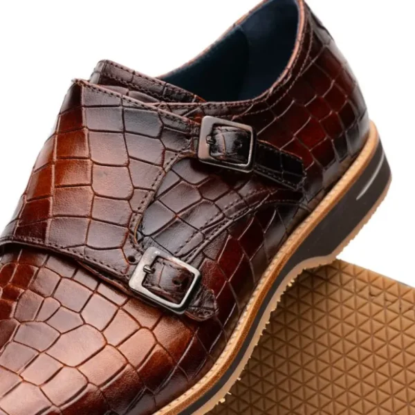Sale Zelli Legerra Hand Burnished Crocodile Print Monk Strap (55-112-CGN) Cognac