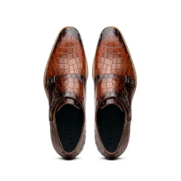 Sale Zelli Legerra Hand Burnished Crocodile Print Monk Strap (55-112-CGN) Cognac