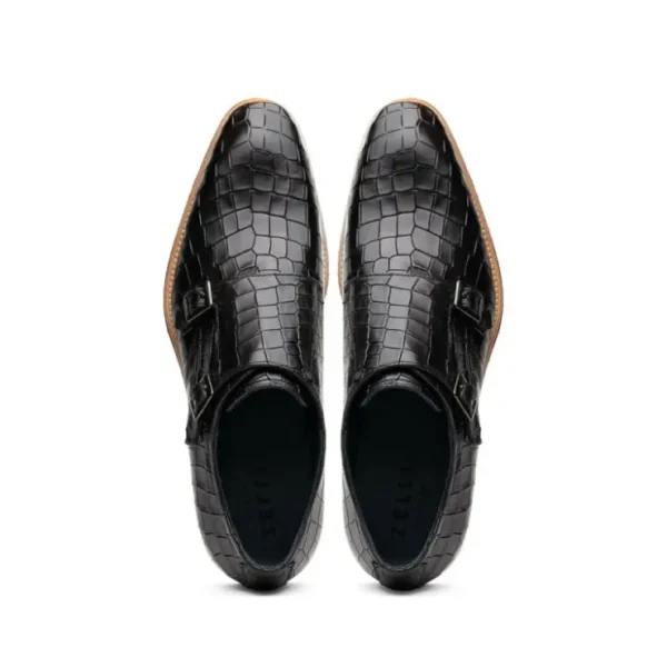 zelli_legerra_hand_burnis_4.webp Fashion Zelli Legerra Hand Burnished Crocodile Print Monk Strap (55-112-BLK) Black