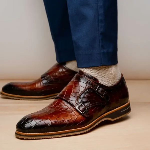 Sale Zelli Legerra Hand Burnished Crocodile Print Monk Strap (55-112-CGN) Cognac
