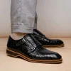 Fashion Zelli Legerra Hand Burnished Crocodile Print Monk Strap (55-112-BLK) Black