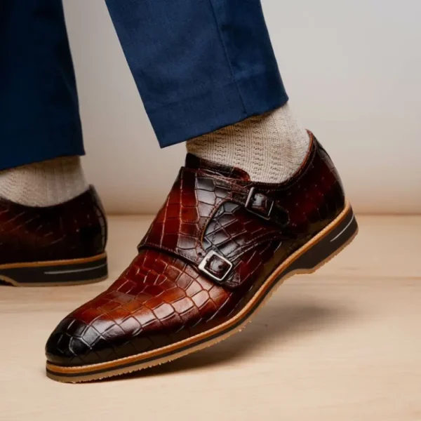 Sale Zelli Legerra Hand Burnished Crocodile Print Monk Strap (55-112-CGN) Cognac