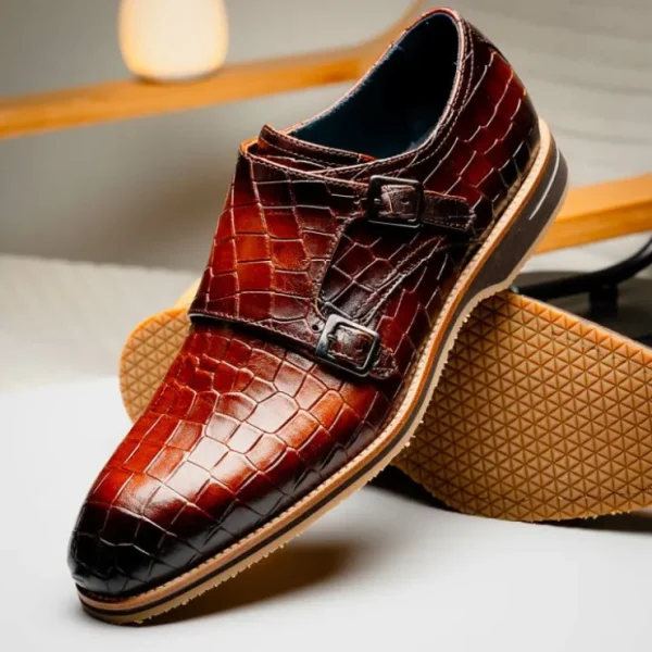 Sale Zelli Legerra Hand Burnished Crocodile Print Monk Strap (55-112-CGN) Cognac