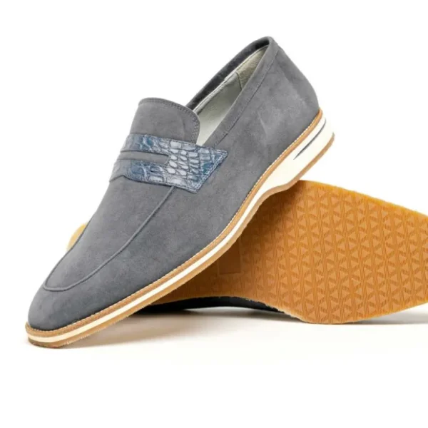 Shop Zelli Meo 3 Suede & Crocodile Loafers (11-020-GRY) Gray
