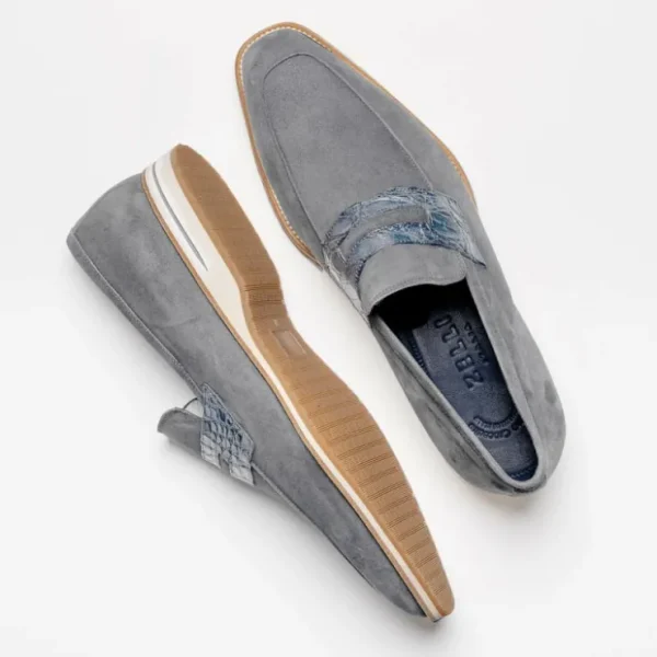 Shop Zelli Meo 3 Suede & Crocodile Loafers (11-020-GRY) Gray