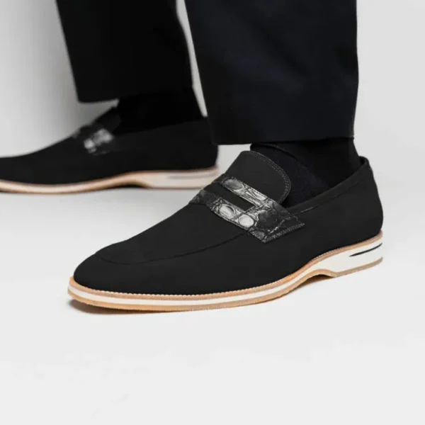 zelli_meo__suede_goatskin_13.webp Shop Zelli Meo 3 Suede Goatskin / Crocodile Loafers (11-020-BLK) Black