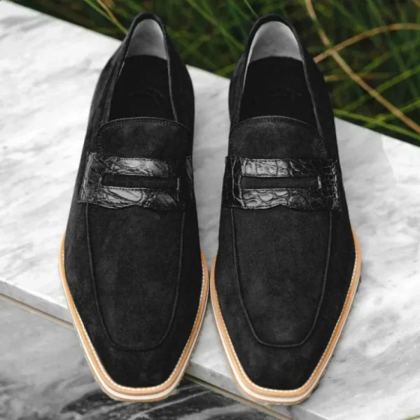 zelli_meo__suede_goatskin_6.webp Shop Zelli Meo 3 Suede Goatskin / Crocodile Loafers (11-020-BLK) Black