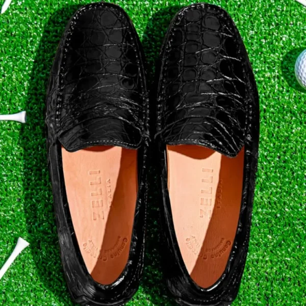 New Zelli Monza Caiman Crocodile Driving Loafers (31-103-BLK) Black