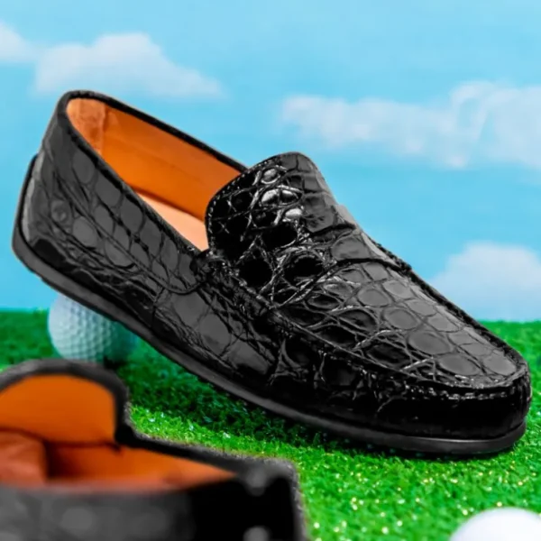 New Zelli Monza Caiman Crocodile Driving Loafers (31-103-BLK) Black