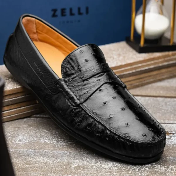 zelli_monza_ostrich_quill_9.webp Clearance Zelli Monza Ostrich Quill Driving Loafers (33-100-BLK) Black