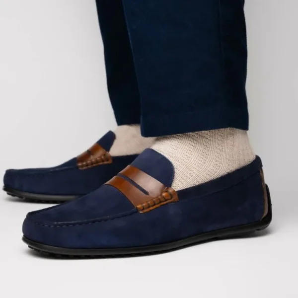 Hot Zelli Monza Suede & Calfskin Driving Loafers Navy / Chestnut (36-300-NVY)