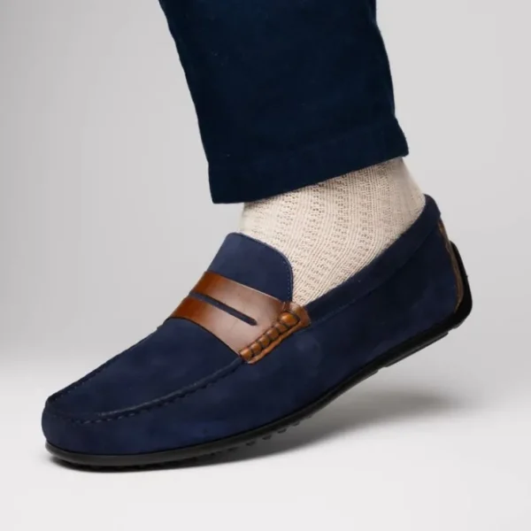 Hot Zelli Monza Suede & Calfskin Driving Loafers Navy / Chestnut (36-300-NVY)