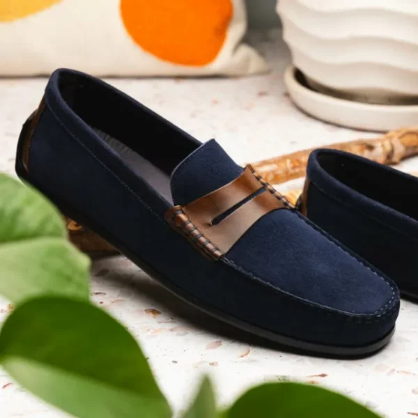Hot Zelli Monza Suede & Calfskin Driving Loafers Navy / Chestnut (36-300-NVY)