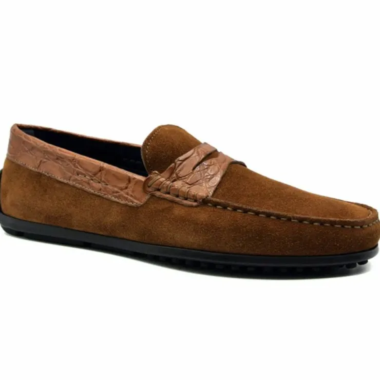 Sale Zelli Monza Suede & Crocodile Driving Shoes (31-160-CGN) Cognac