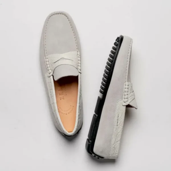 zelli_monza_suede_amp_cro_1-5.webp Best Sale Zelli Monza Suede & Crocodile Driving Shoes (31-160-WHT) White