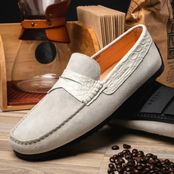 zelli_monza_suede_amp_cro_3-4.webp Best Sale Zelli Monza Suede & Crocodile Driving Shoes (31-160-WHT) White