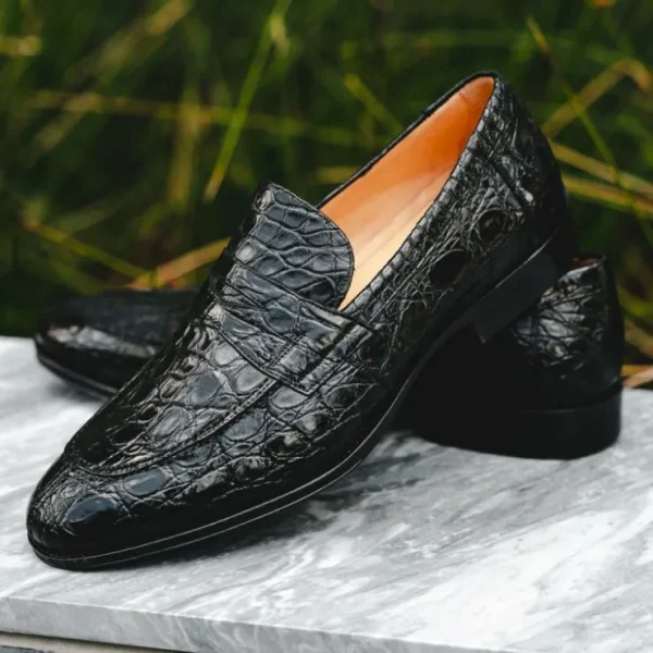 Cheap Zelli Roma Caiman Crocodile Penny Loafers (11-201-BLK) Black