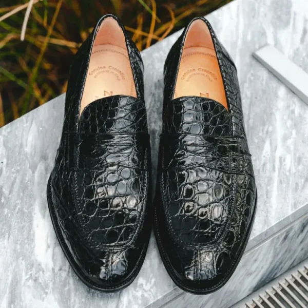 Cheap Zelli Roma Caiman Crocodile Penny Loafers (11-201-BLK) Black